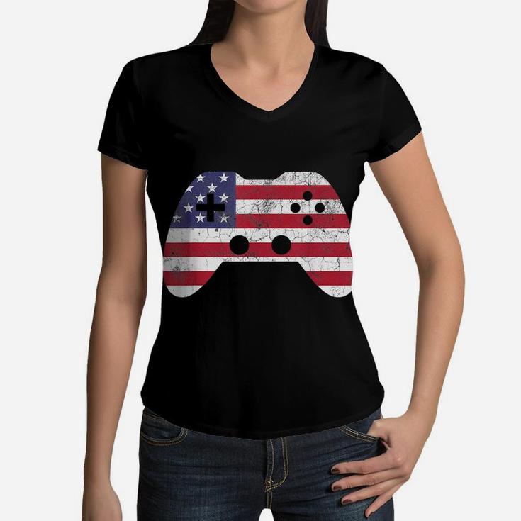 4Th Of July T Shirt Gift Video Game Gamer Kids Boys Men USA Women V-Neck T-Shirt