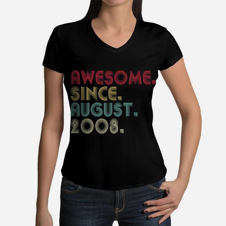 Awesome Since August 2008 13Th Birthday 13 Years Old Boys Women V-Neck T-Shirt