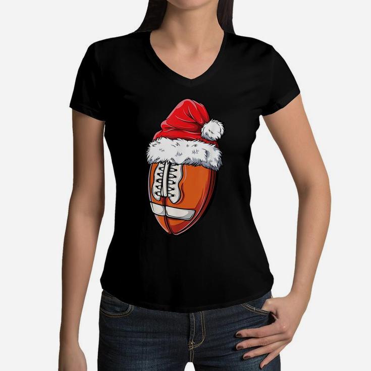 Christmas Football Ball Santa Hat Funny Sport Xmas Boys Men Women V-Neck T-Shirt