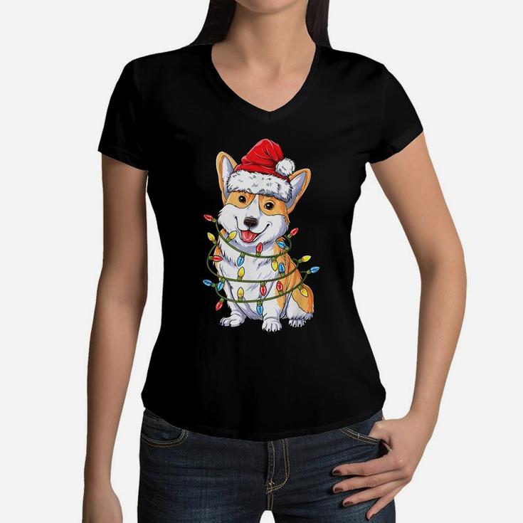 Corgi Santa Christmas Tree Lights Xmas Gifts Boys Kids Men Women V-Neck T-Shirt