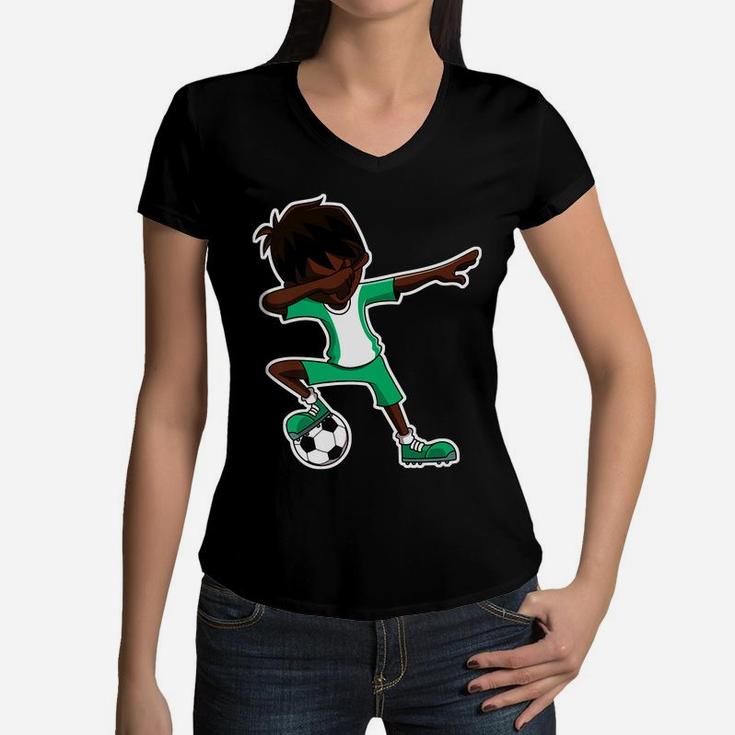 Dabbing Soccer Boy Nigeria Jersey, Nigerian Kids Dab Gifts Women V-Neck T-Shirt