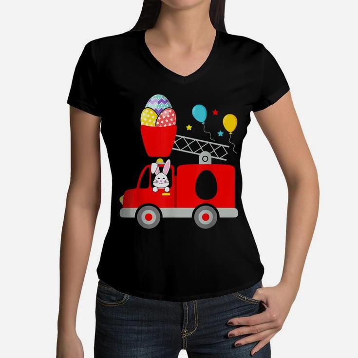 Fire Truck Easter Egg Cute Bunny Firefighter Toddler Kids Women V-Neck T-Shirt