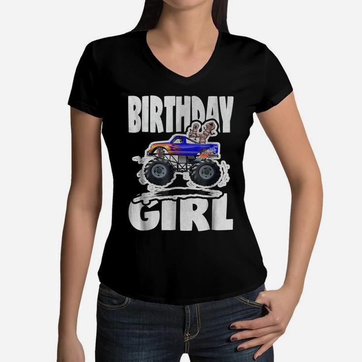 Fourth Birthday Girl Big Monster Truck & Creepy 4 Women V-Neck T-Shirt