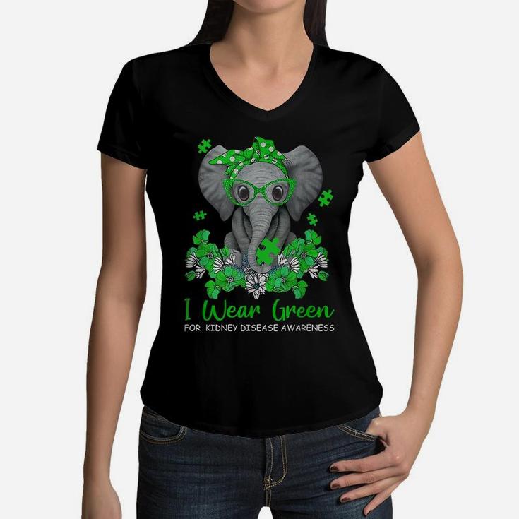 I Wear Green For Kidney Disease Awareness Elephant Survivors Women V-Neck T-Shirt