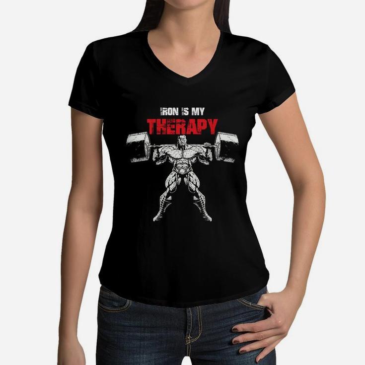 Iron Is My Therapy Bodybuilding Workout Women V-Neck T-Shirt