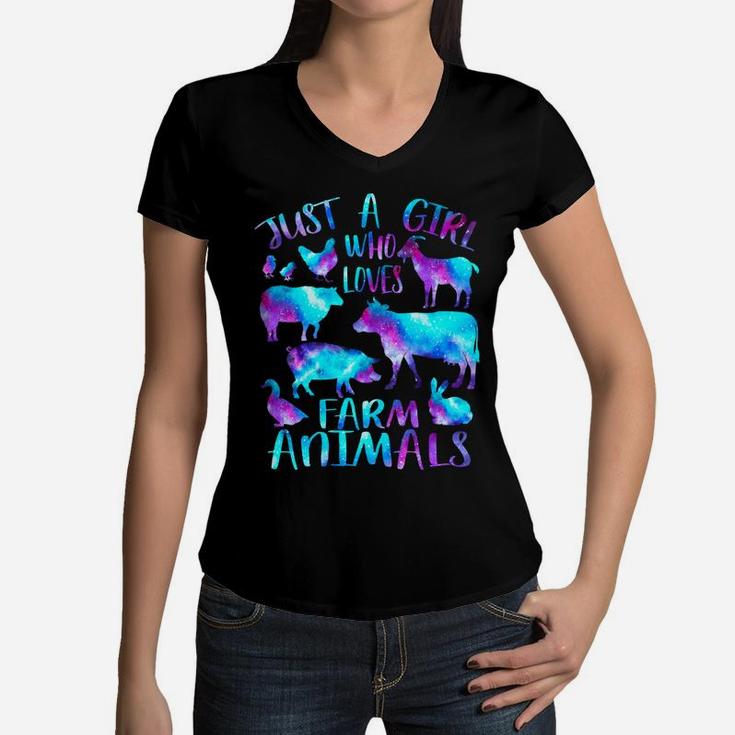 Just A Girl Who Loves Farm Animals - Galaxy Cows Pigs Goats Women V-Neck T-Shirt