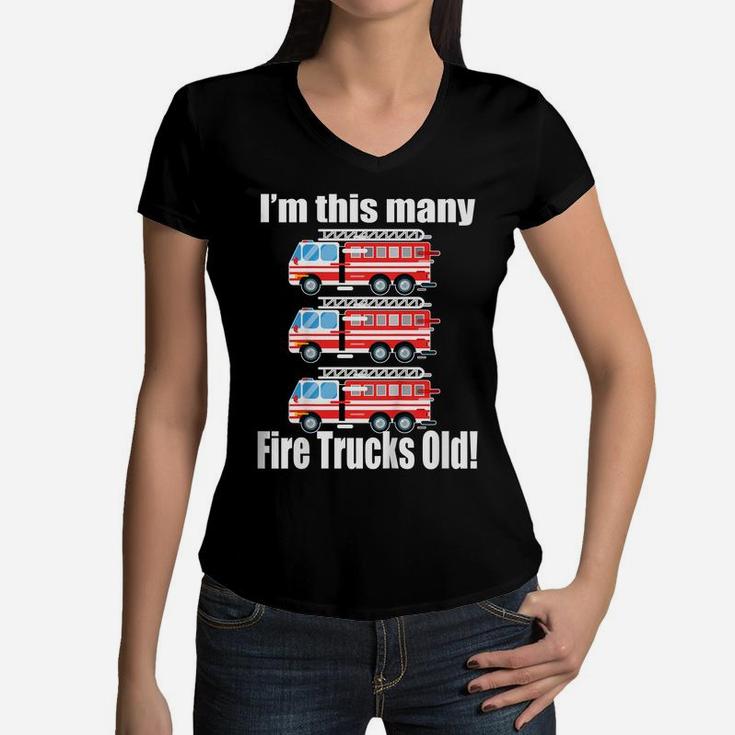 Kids 3Rd Birthday Shirt Boy I'm This Many Fire Trucks Old Gift Women V-Neck T-Shirt
