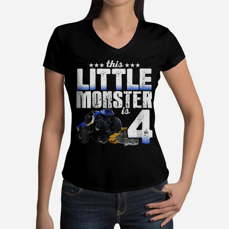 Kids 4 Years Old Little Monster Truck Shirt 4Th Birthday Gift Tee Women V-Neck T-Shirt