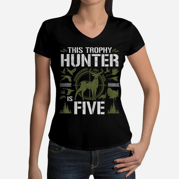 Kids 5 Year Old Hunting Birthday Party Duck Deer Hunter 5Th Gift Women V-Neck T-Shirt