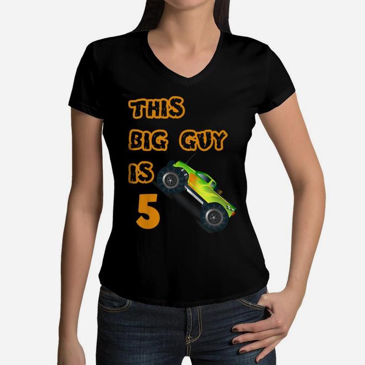 Kids 5Th Birthday Boy Monster Truck Shirt 5 Year Old Boys Cars Women V-Neck T-Shirt