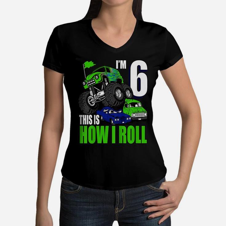 Kids 6 Years Old 6Th Birthday Monster Trucks Shirt Boys Women V-Neck T-Shirt