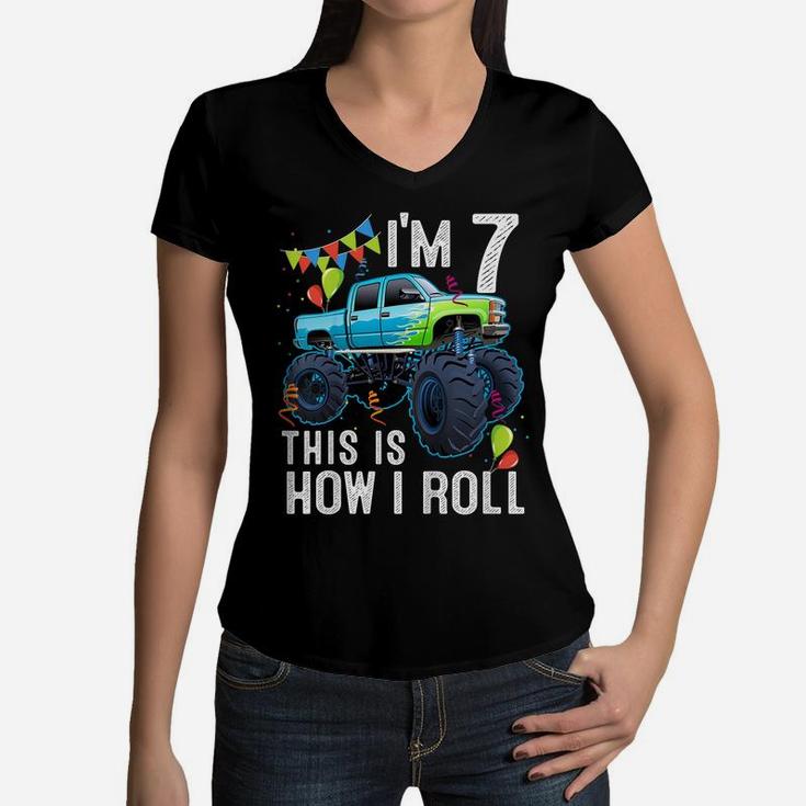 Kids 7 Year Old Shirt 7Th Birthday Boy Kid Monster Truck Car Women V-Neck T-Shirt