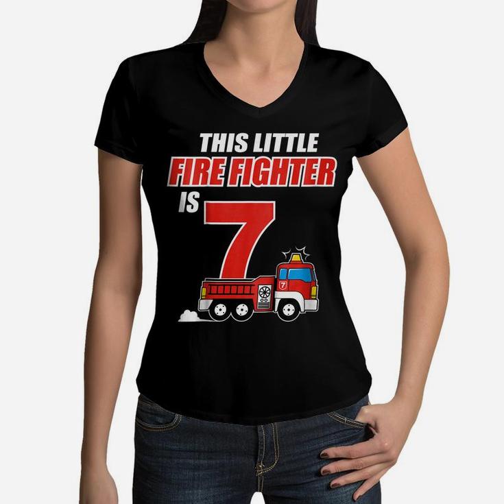 Kids 7Th Birthday Girls Firefighter  Fire Truck 7 Year Old Women V-Neck T-Shirt