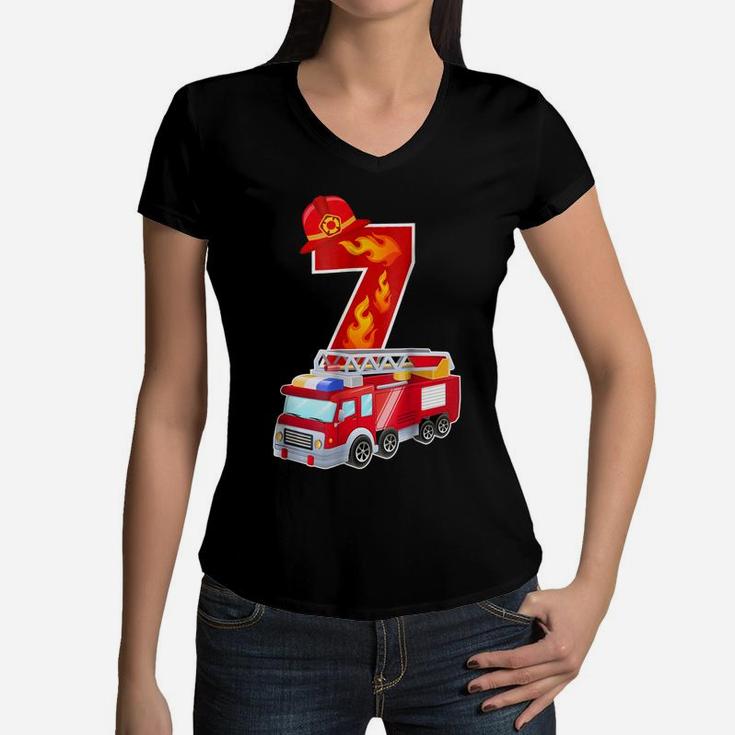 Kids 7Th Birthday Party Fire Truck Toddler Age 7 T Shirt Women V-Neck T-Shirt