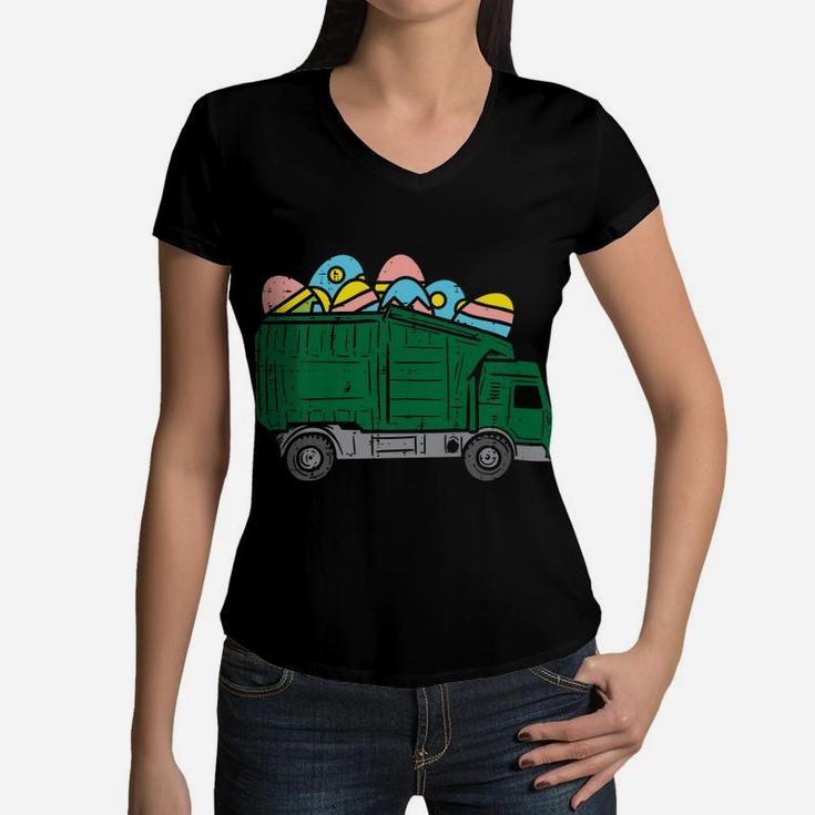 Kids Garbage Truck Eggs Cute Easter Day Egg Hunting Boys Kids Women V-Neck T-Shirt