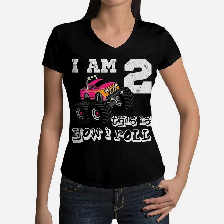 Kids Kids 2 Years Old 2Nd Birthday Monster Truck Car Shirt Girl Women V-Neck T-Shirt