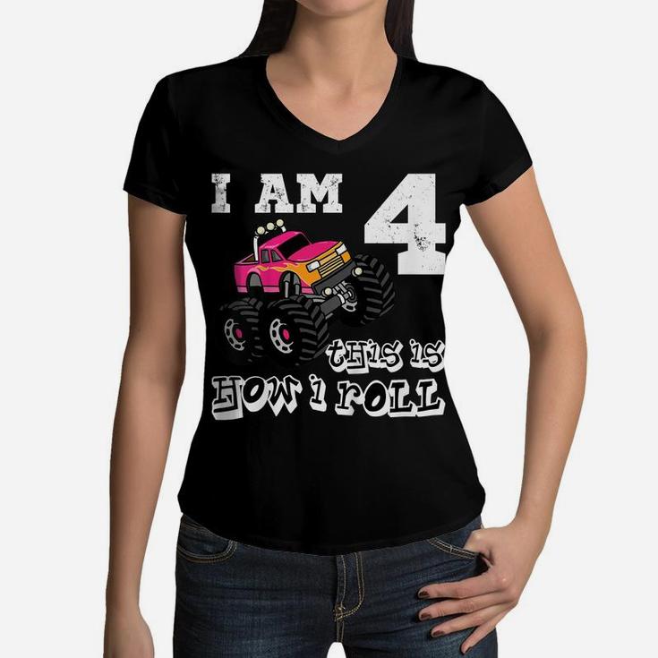 Kids Kids 4 Years Old 4Th Birthday Monster Truck Car Shirt Girl Women V-Neck T-Shirt