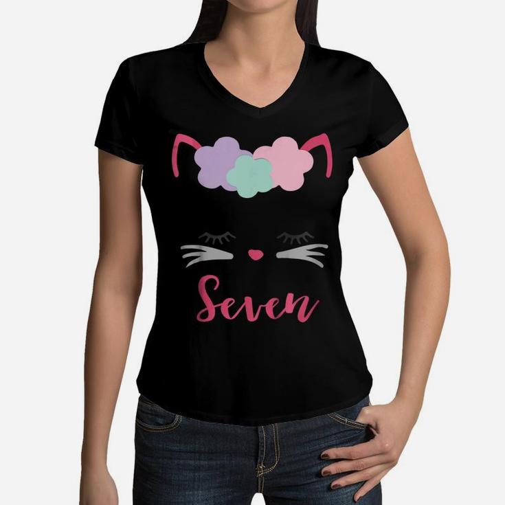 Kids Kitty 7Th Birthday Girl Shirt, Cat Gift, Birthday Outfit Women V-Neck T-Shirt
