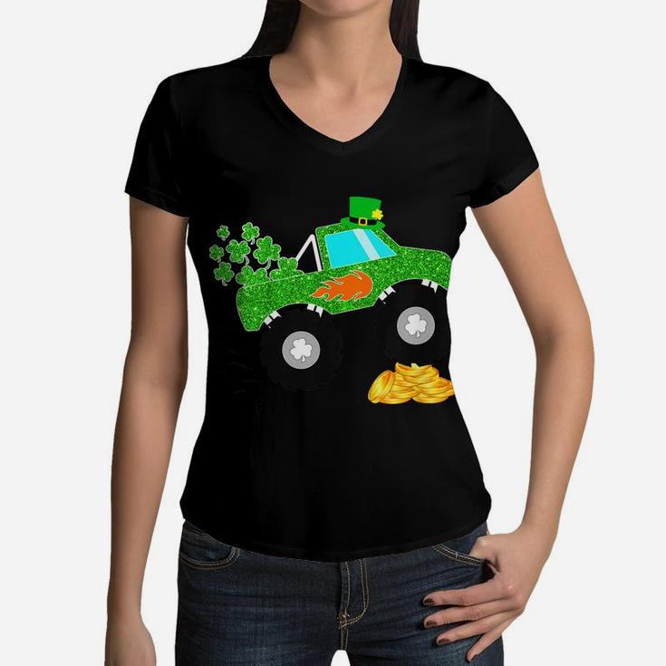 Kids Saint Patricks Day Gift For Monster Truck Lover Boy Shamrock Women V-Neck T-Shirt
