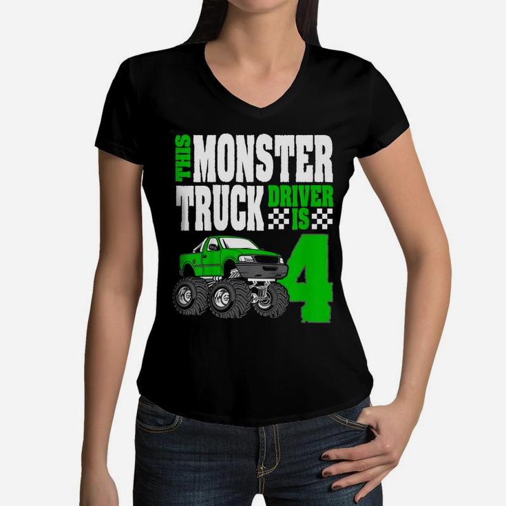 Kids This Monster Truck Driver Is 4 Birthday Top For Boys Women V-Neck T-Shirt