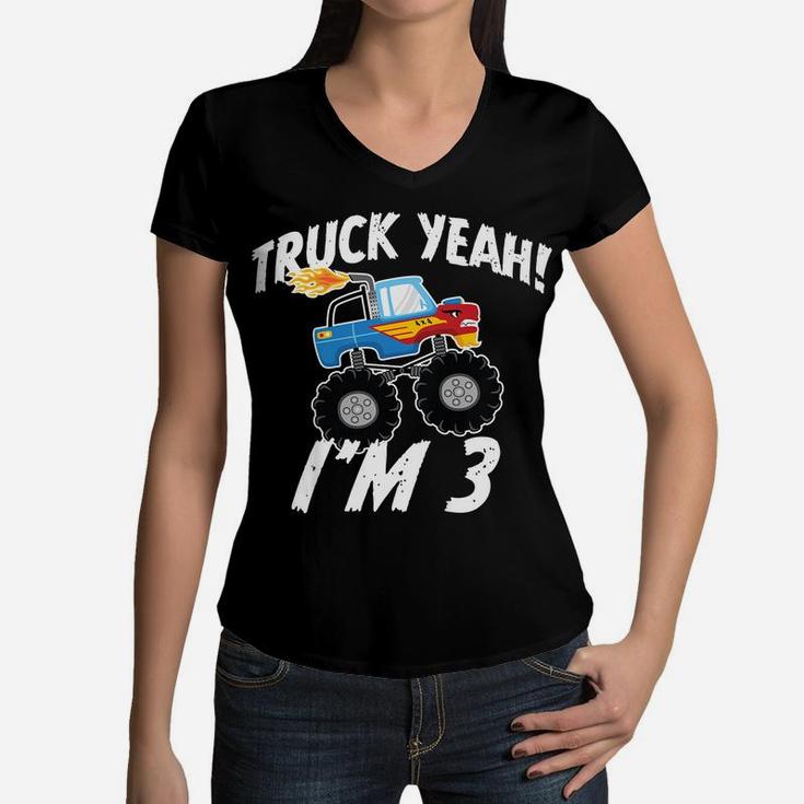 Kids Truck Yeah I'm 3 Birthday Three Year Old Boy Women V-Neck T-Shirt