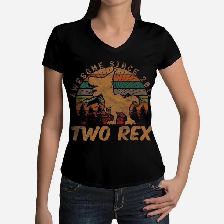 Kids Two Rex 2Nd Birthday Gifts Second Dinosaur 2 Year Old Women V-Neck T-Shirt