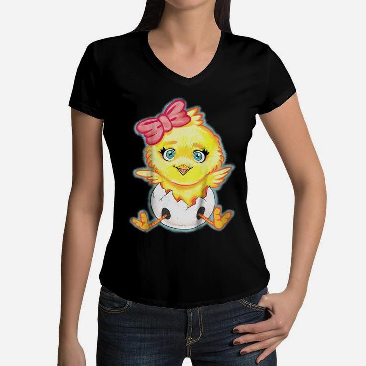 Kids Yellow Baby Chick With Pink Bow Girls Women V-Neck T-Shirt