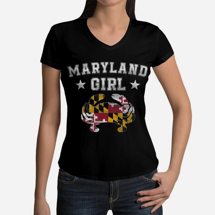 Maryland Girl Flag Blue CrabShirt - State Pride Retro Tee Women V-Neck T-Shirt