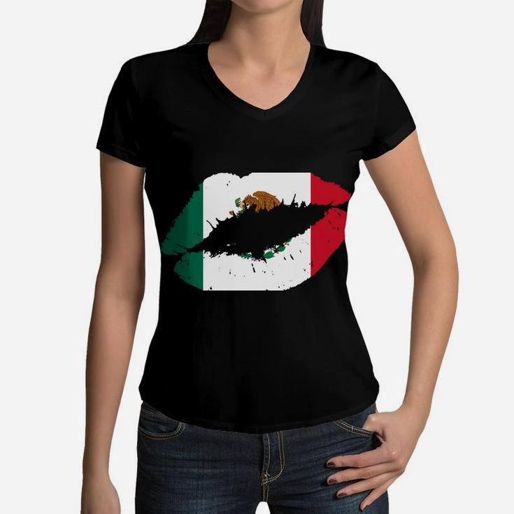 Mexico Lips Kiss Mexican Flag Pride Mexicana Gift Girls Women V-Neck T-Shirt