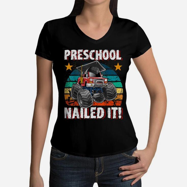 Preschool Monster Truck Retro Graduation Cap Gift For Boys Women V-Neck T-Shirt