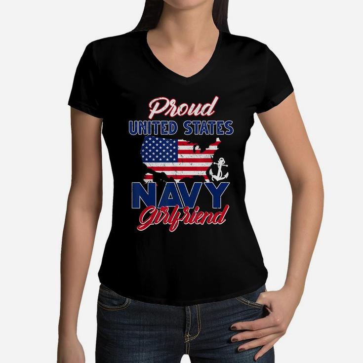 Proud Navy Girlfriend Us Flag Family S Army Military Women V-Neck T-Shirt