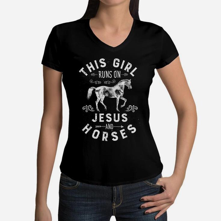 This Girl Runs On Jesus And Horses T Shirt Horse Women Gifts Women V-Neck T-Shirt