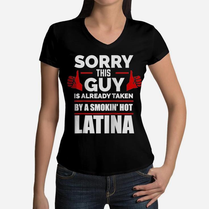 This Guy Is Taken By Smoking Hot Latina Pride Spanish Girl Raglan Baseball Tee Women V-Neck T-Shirt