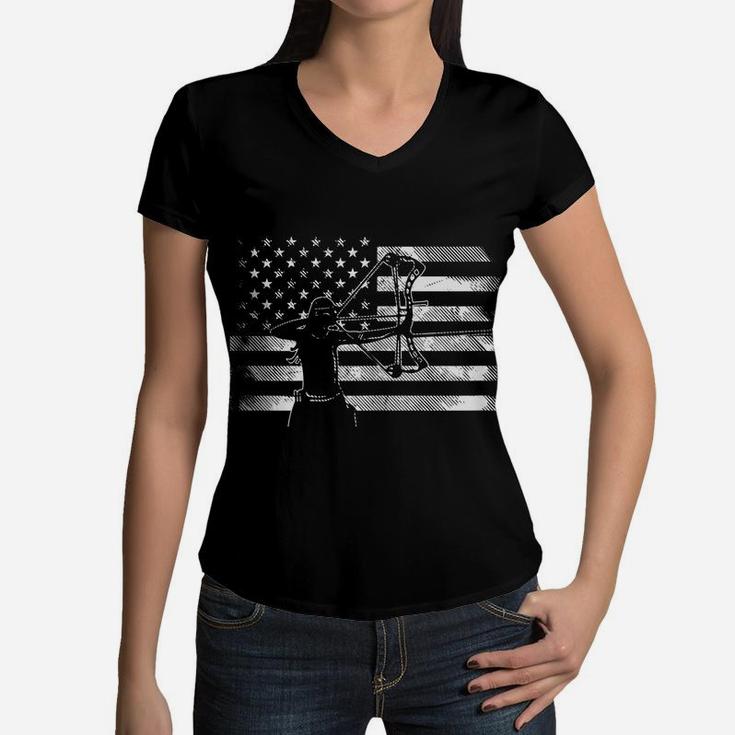 Womens American Flag Archer Girl Archery Bow Hunting Usa Women Gift Women V-Neck T-Shirt