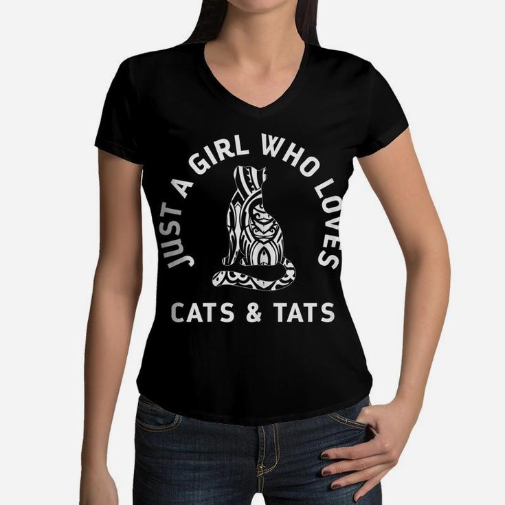 Womens Girl Who Loves Cats & Tats Cute Funny Tattoo Cat Gift Women V-Neck T-Shirt