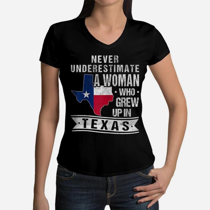 Womens Texas Flag Map Vintage Texas Girl Women V-Neck T-Shirt