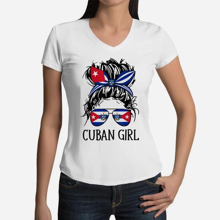 Cuban Girl Messy Hair Cuba Flag Coat Of Arms Women V-Neck T-Shirt
