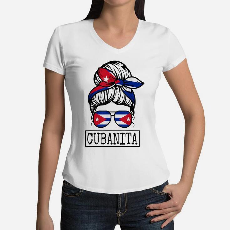 Cubanita Messy Hair Woman Bun Free Cuba Flag For Girls Women V-Neck T-Shirt
