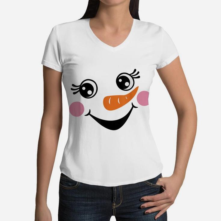 Eyelashes Christmas Outfit Snowman Face Costume Girls Teen Women V-Neck T-Shirt