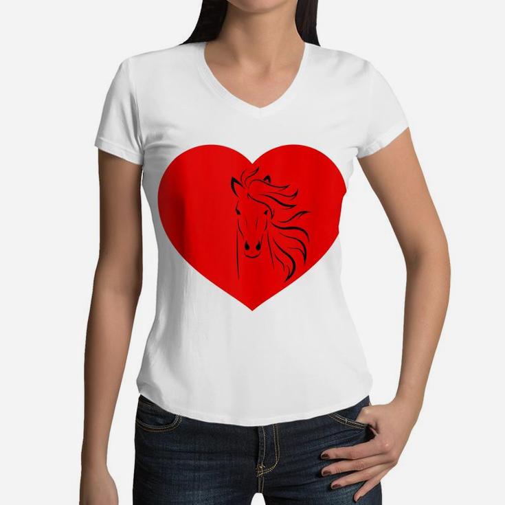 I Love Horses Red Heart Stable Girl Horse Groom Owner Lover Women V-Neck T-Shirt