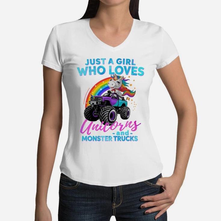 Just A Girl Who Loves Unicorns And Monster Trucks Girls Kids Sweatshirt Women V-Neck T-Shirt