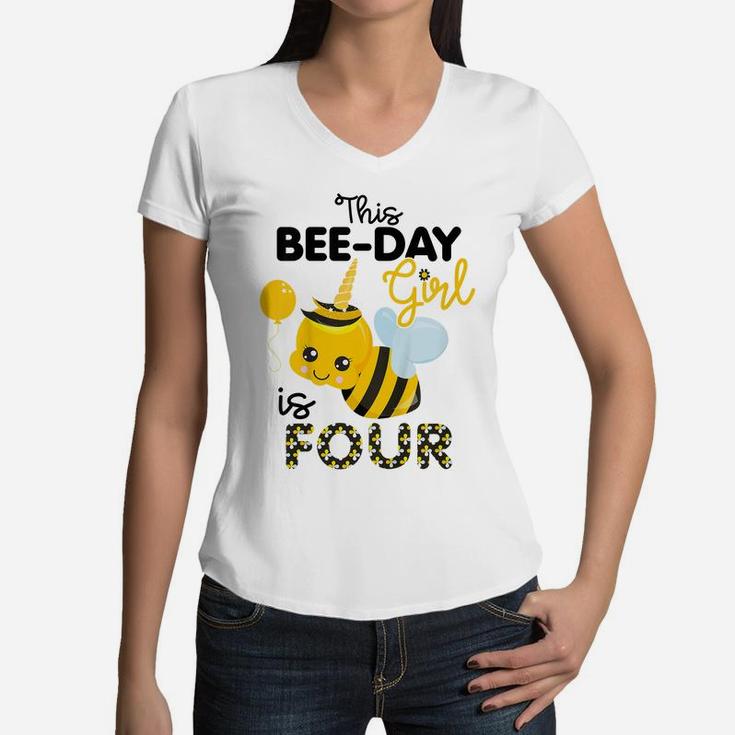Kids 4Th Birthday Girl Bee Themed 4 Year Old Bday Matching Party Women V-Neck T-Shirt
