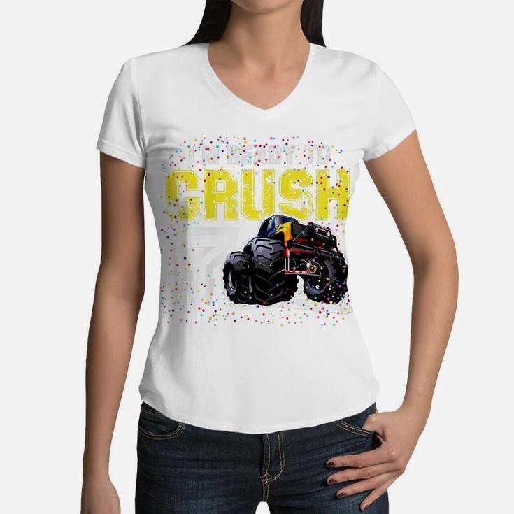 Kids I'm Ready To Crush 7 Monster Truck 7Th Birthday Top Boys Women V-Neck T-Shirt