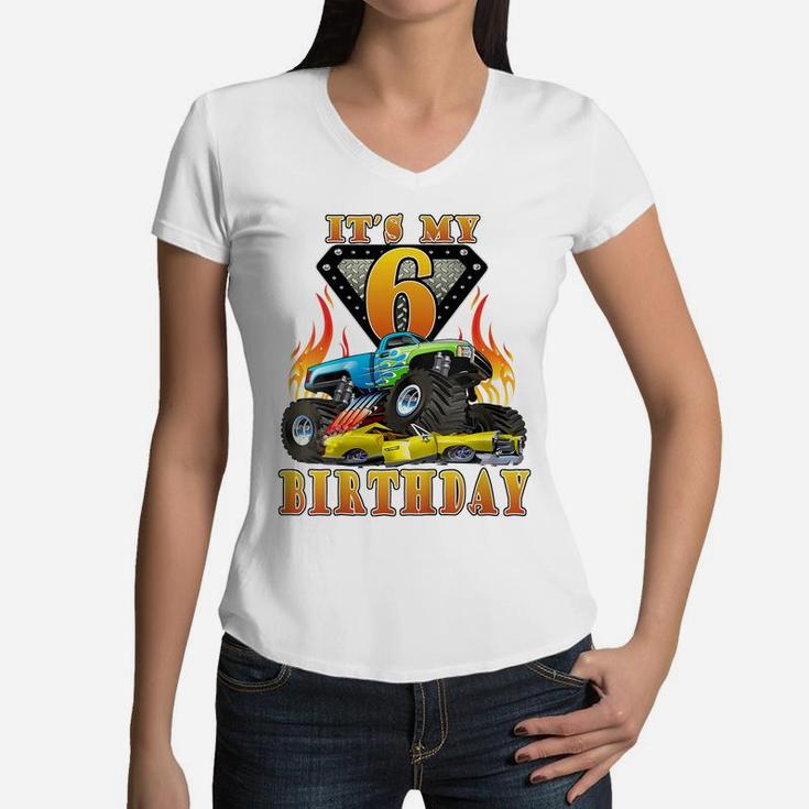 Kids Monster Truck 6 Year Old Shirt 6Th Birthday Boy Monster Car Women V-Neck T-Shirt
