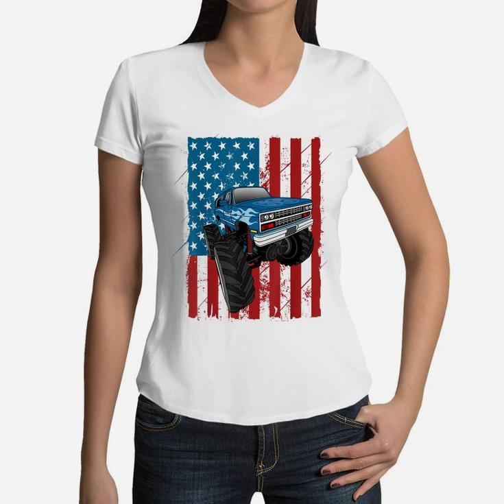 Monster Truck American Flag Cars Racing Boys Gift Women V-Neck T-Shirt