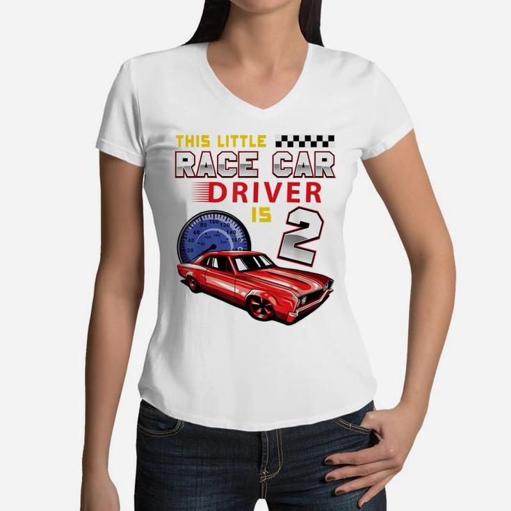 Race Car 2Nd Birthday Toddler Boy Racing 2 Year Old Women V-Neck T-Shirt