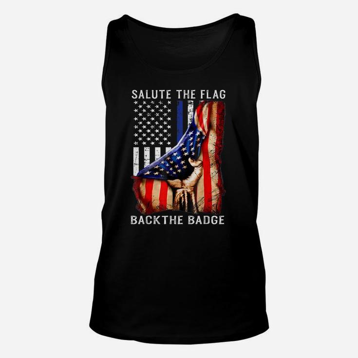 Salute The Flag Back The Badge T-Shirt Flag Police Hand Gift Unisex Tank Top