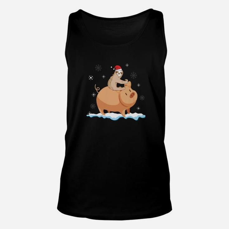 Sloth Riding Pig Walking Around Snow Christmas Cute Unisex Tank Top