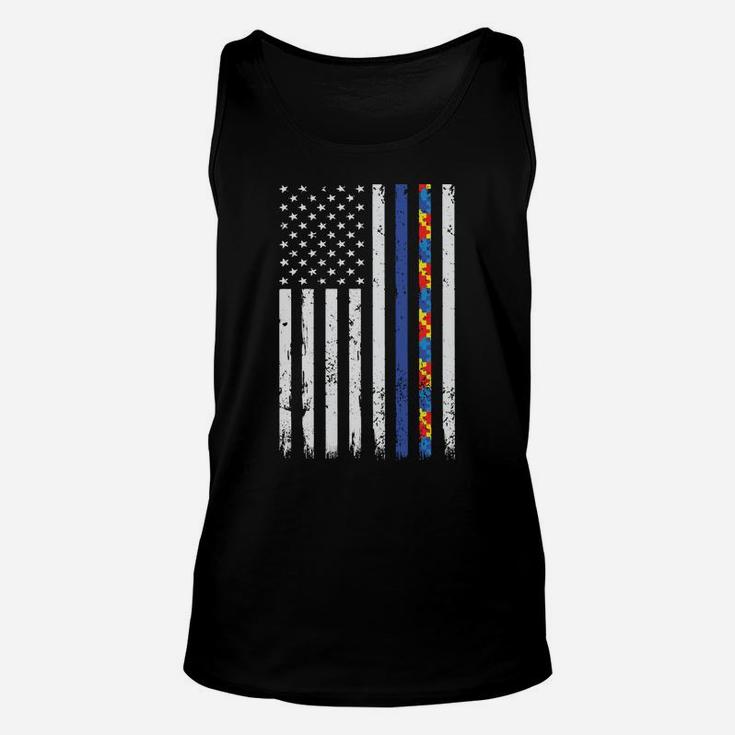 Thin Blue Line Police Support Autism 4Th July Mom Dad Flag Sweatshirt Unisex Tank Top