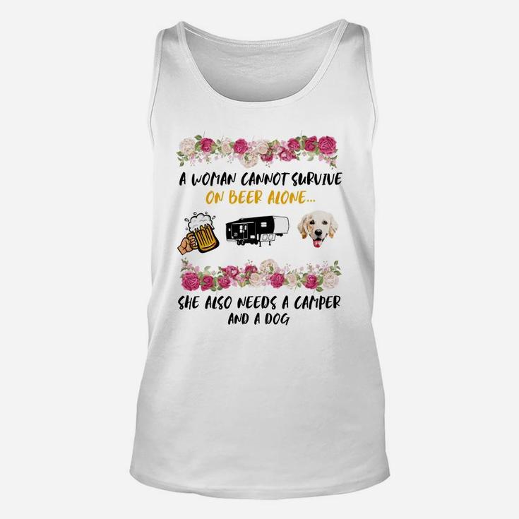 A Women Cannot Survive Beer Alone She Needs Camper And Golden Retriever Dog Unisex Tank Top